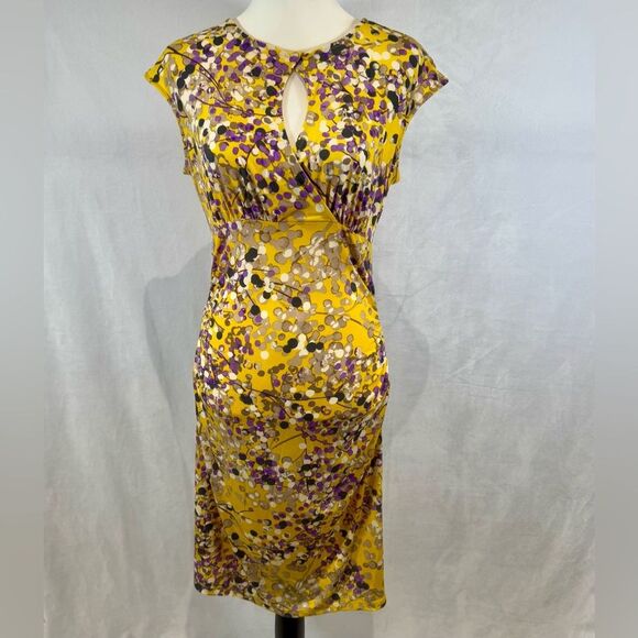 Beautiful yellow and purple abstract print keyhole ruched stretch dress medium - Picture 1 of 8